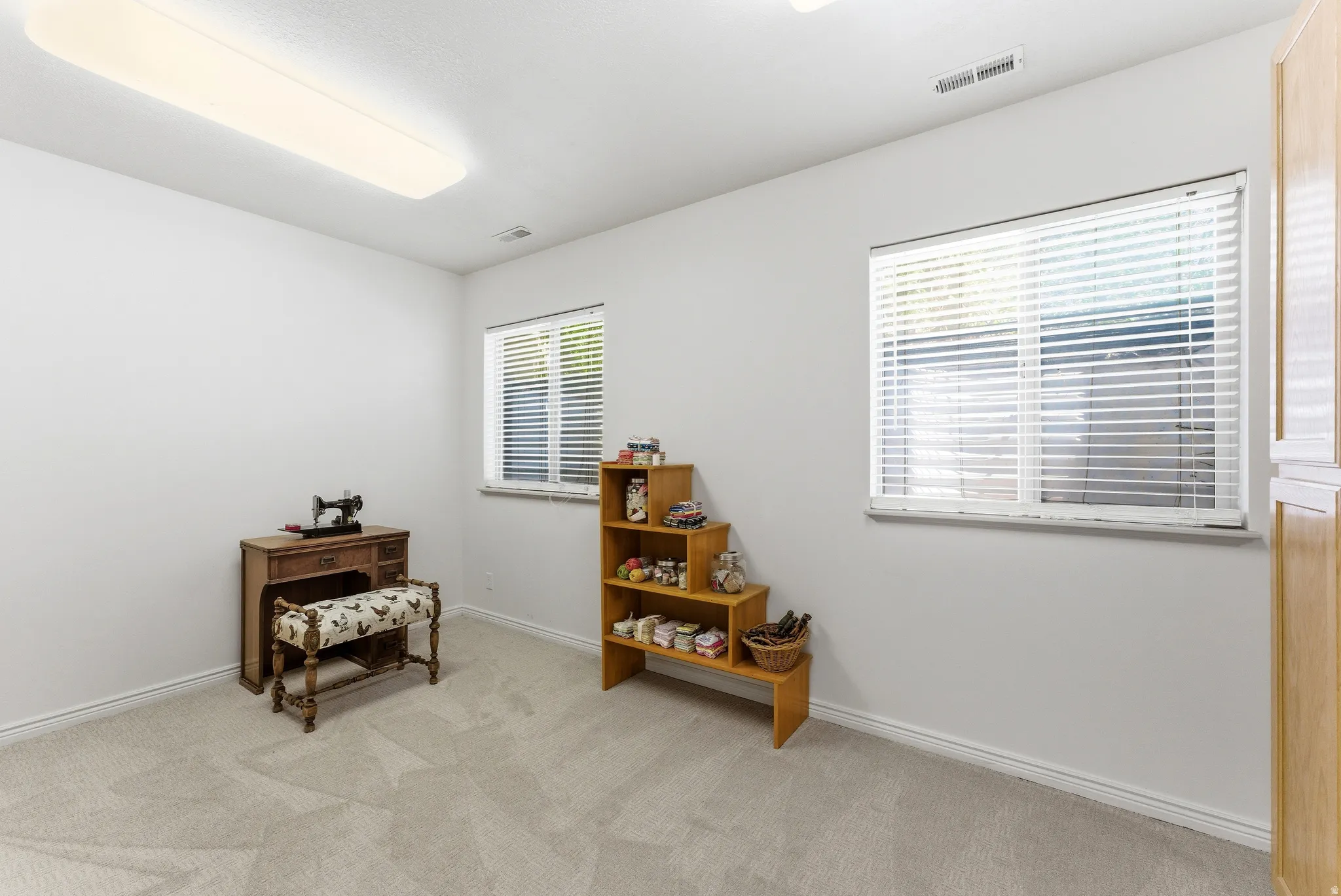 Bright room with light gray walls, two windows, and light neutral-toned carpet