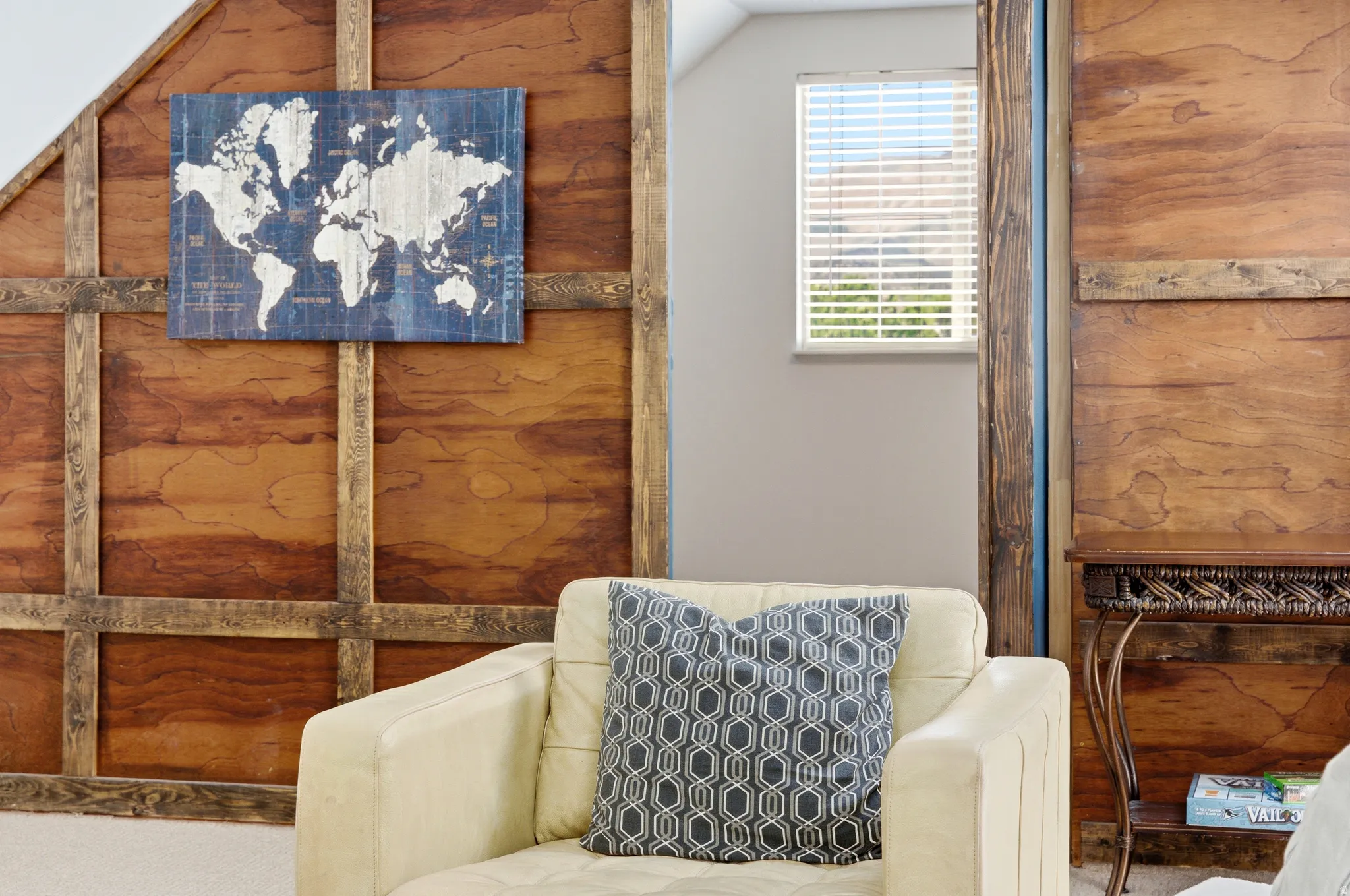 Wood-paneled accent wall with grid detailing