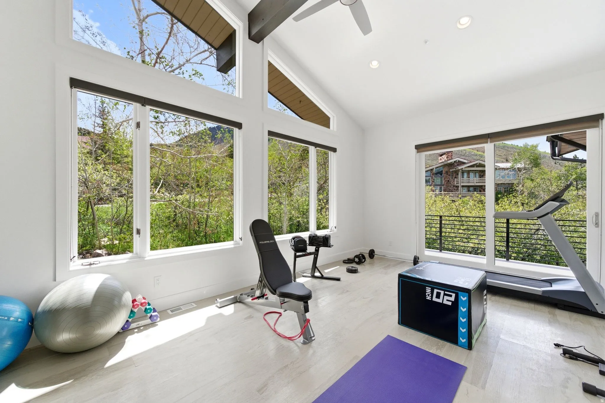 Room featuring a vaulted ceiling with exposed beams, light wood-finish flooring, and recessed lighting