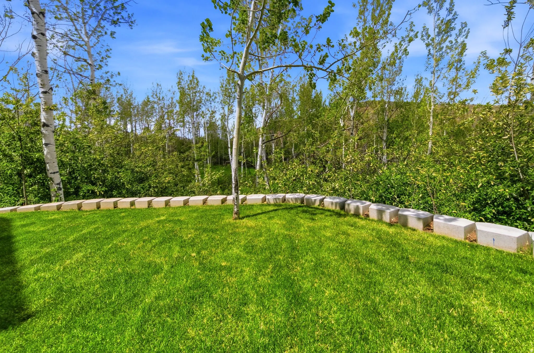 Expansive green lawn featuring a curved block retaining wall, mature trees, and natural foliage