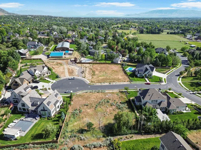 Aerial perspective showcasing a residential community with established homes and undeveloped lots