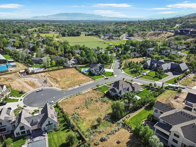 Aerial perspective showcasing a residential development with established homes and available land parcels