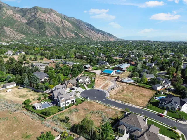 Aerial perspective featuring a cul-de-sac with surrounding residential properties, expansive undeveloped land parcels, and mature landscaping