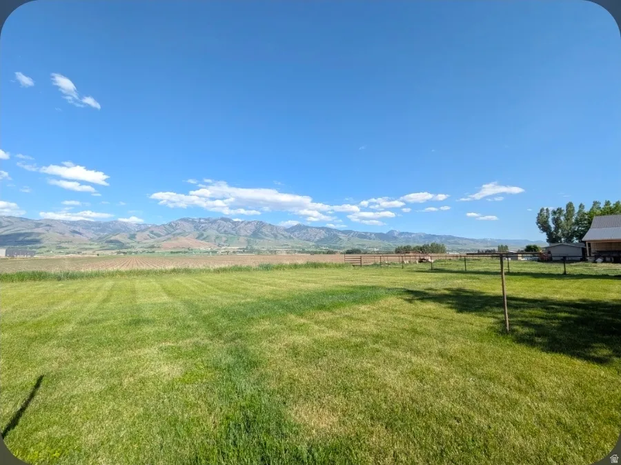 Expansive green lawn with mountain backdrop
