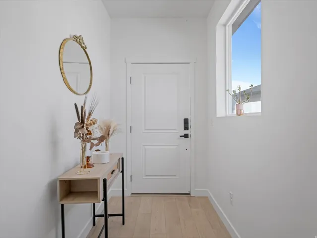 Entryway featuring a solid panel door with dark hardware, a vertical window, light wood-finish flooring, and crisp white walls