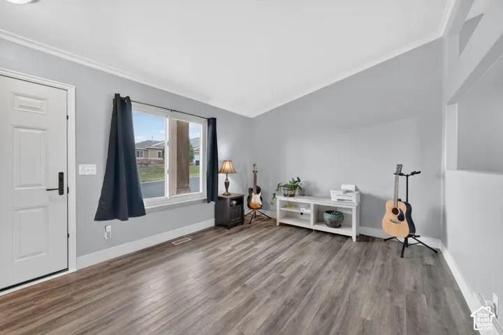 Entryway featuring wood-finish flooring, a white paneled door with dark hardware, and a window with dark curtains