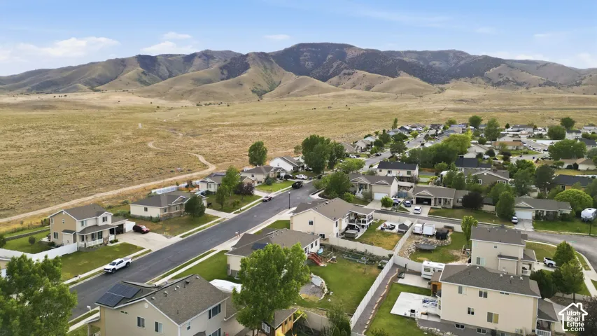 Residential neighborhood with paved streets and mature trees, bordered by expansive natural landscapes and distant mountains