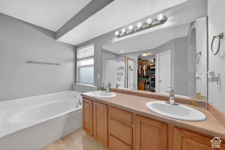 Bathroom featuring a dual vanity with light wood cabinetry and integrated sinks