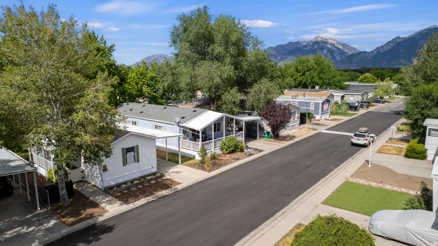 Residential street with mountain backdrop