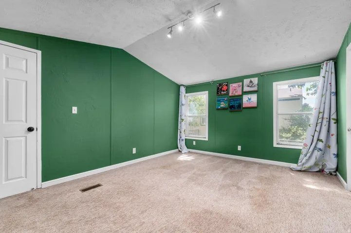 Carpeted room featuring two white-framed windows, track lighting, and a white paneled door