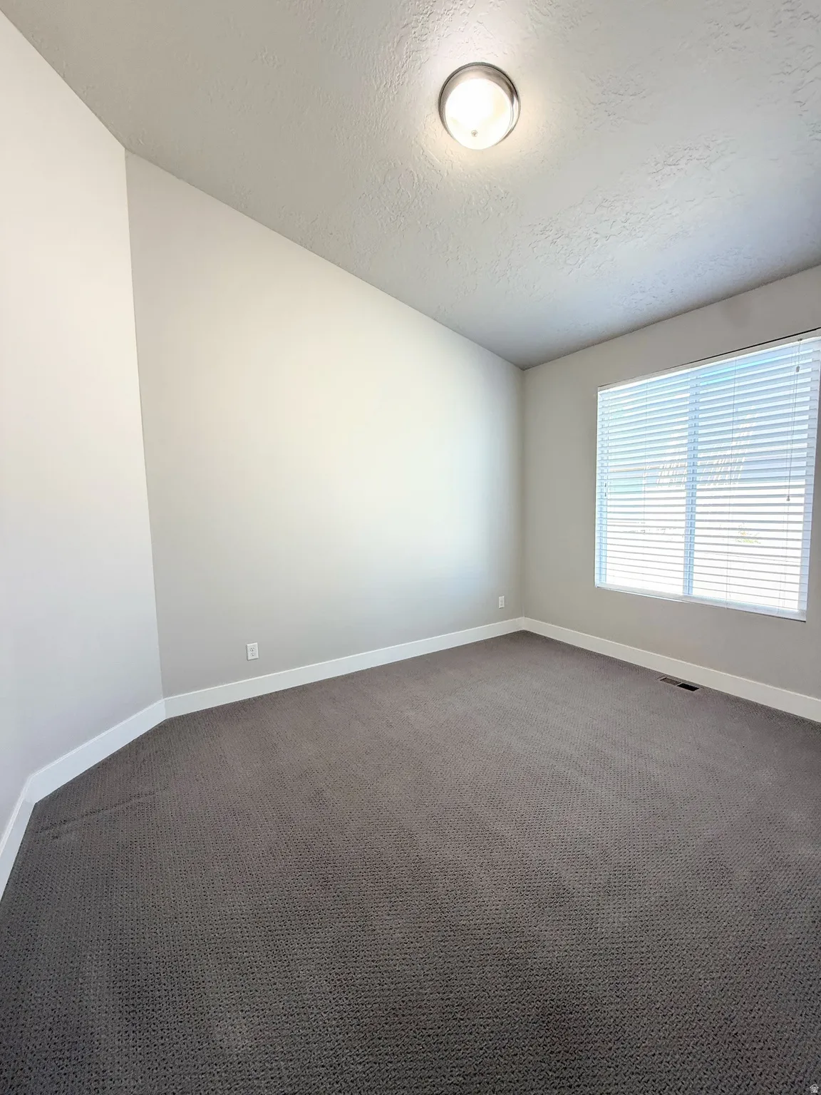 Bedroom #3 featuring neutral wall paint, dark carpet flooring, and a single window with horizontal blinds