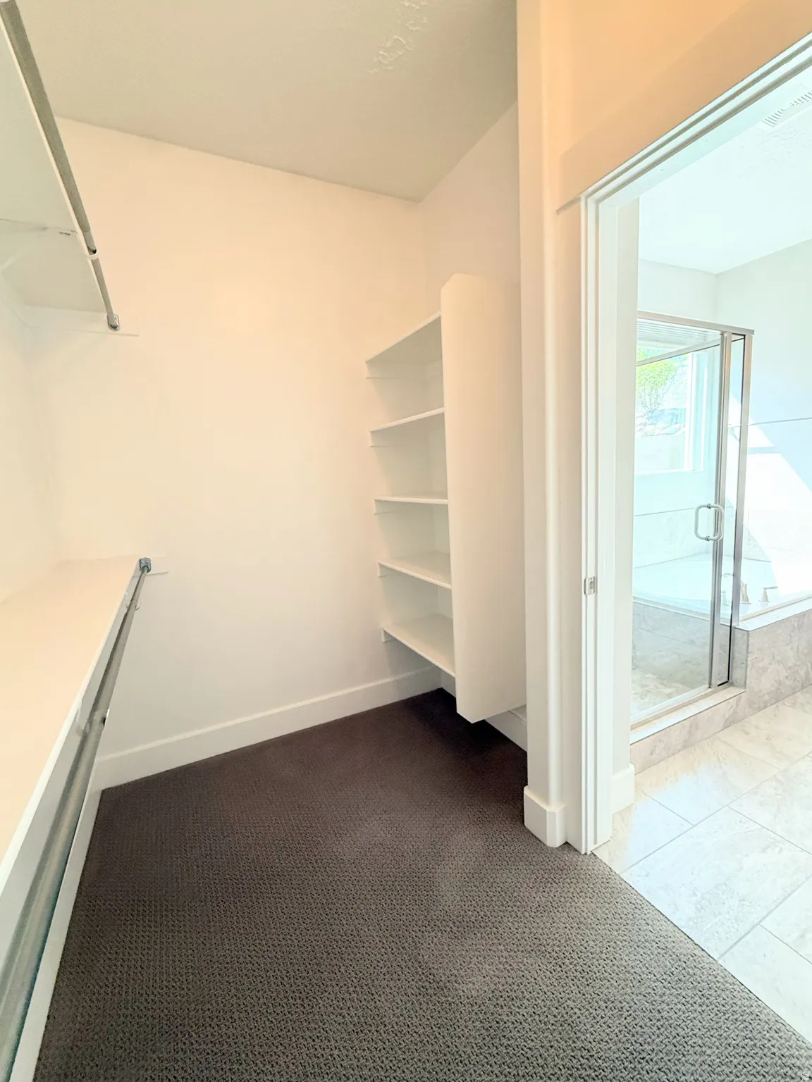 Primary walk-in closet with built-in shelving, hanging rod, and carpet flooring