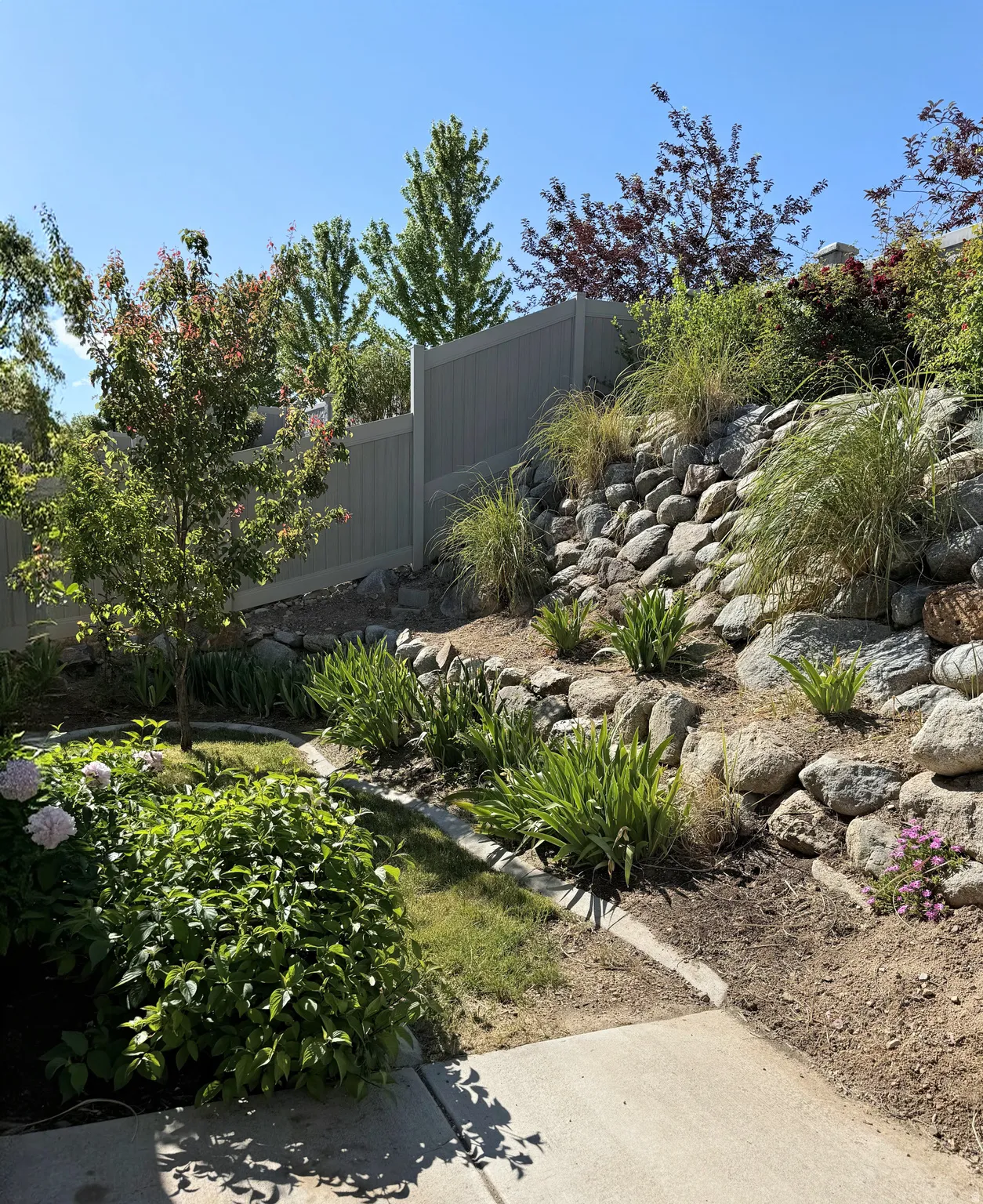 Terraced landscaping featuring a rock retaining wall, established plantings, and a concrete patio