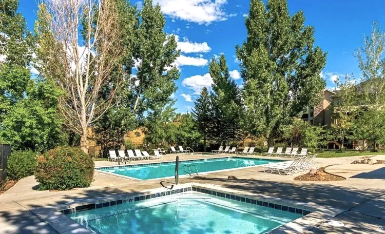 Outdoor swimming pool with integrated spa and concrete surround. The sauna is also located here between the public bathrooms.