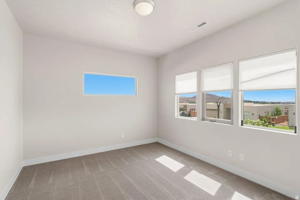 Carpeted room featuring three standard windows with blinds and an additional horizontal accent window