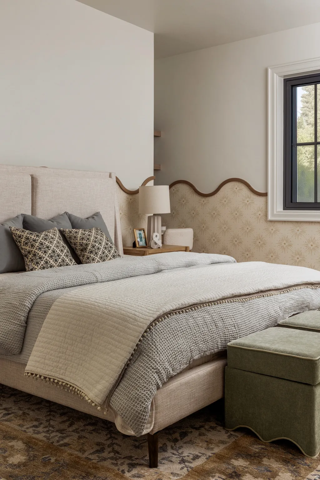 Bedroom featuring a patterned accent wall with a scalloped wood trim, a dark-framed window, and light-colored walls