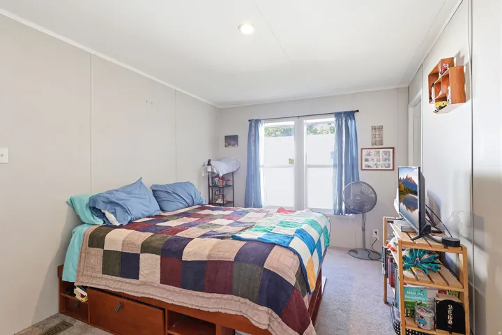 Bedroom featuring paneled walls, a carpeted floor, and a double window with blinds