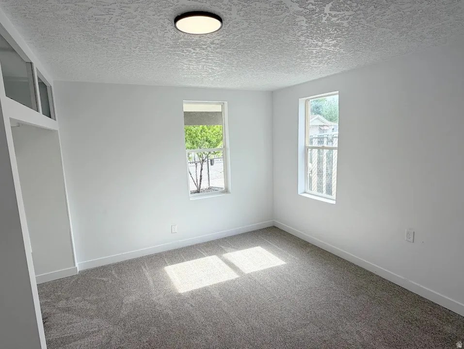 Bright room featuring two windows, neutral carpeting, white walls, a flush-mount ceiling light, and white baseboards
