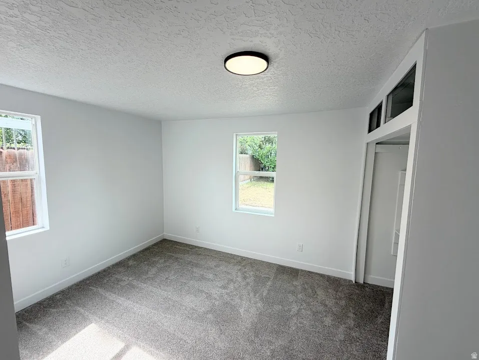 Bright room featuring two windows, neutral gray carpet, and white walls