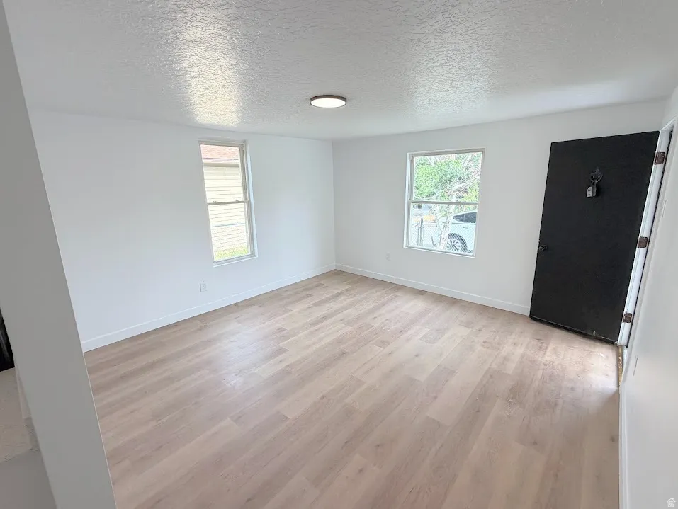 Light wood-finish flooring with white baseboards throughout the room