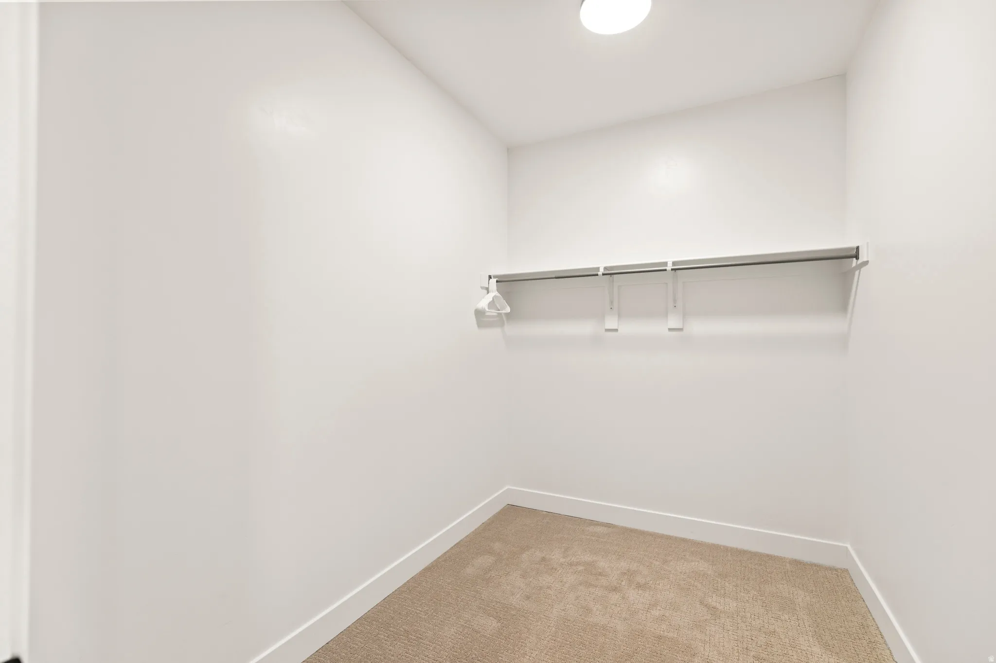 Walk-in closet featuring light-toned carpeting, white walls, a single ceiling light fixture, and a built-in hanging rod with shelving