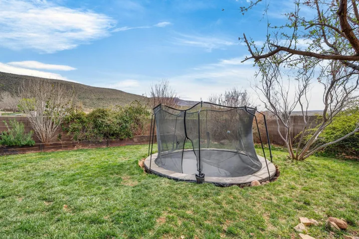 Expansive backyard with a manicured lawn, established perimeter landscaping, and a substantial privacy wall