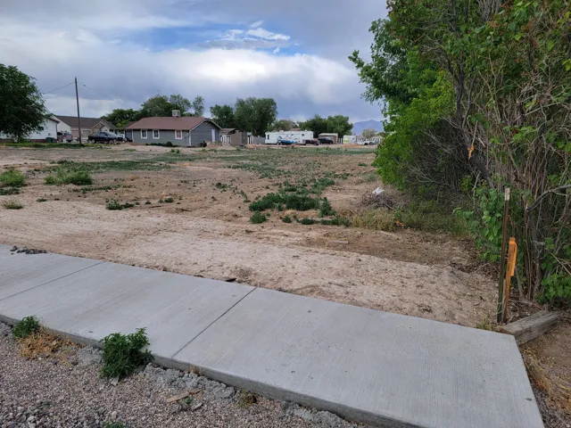 Expansive undeveloped lot featuring a concrete sidewalk and natural vegetation