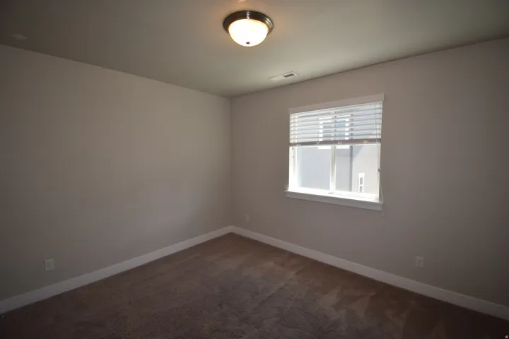 Neutral tone wall finish, brown carpeted flooring, white baseboards, single window with blinds, and a flush mount ceiling light fixture