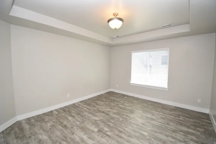 Spacious interior featuring tray ceiling detail, wood-finish flooring, a single window with blinds, and a semi-flush mount ceiling light fixture