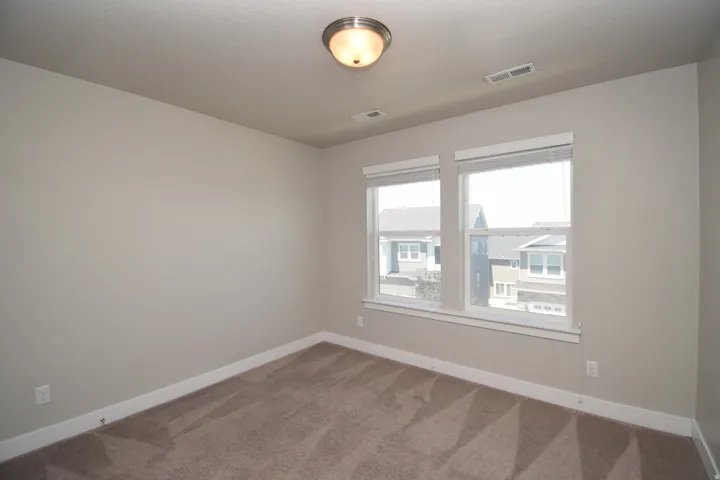 Room featuring two windows with white blinds, neutral carpeting, and a flush-mount ceiling light fixture