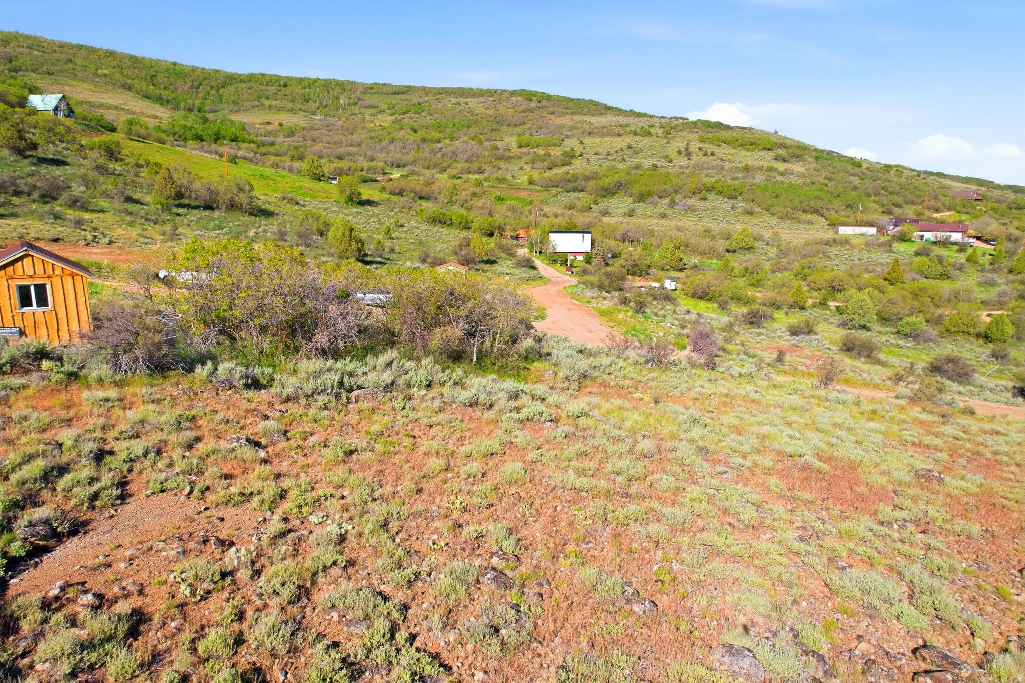 Expansive hillside lot featuring a rustic wood-sided cabin with white-framed windows and a dark roof