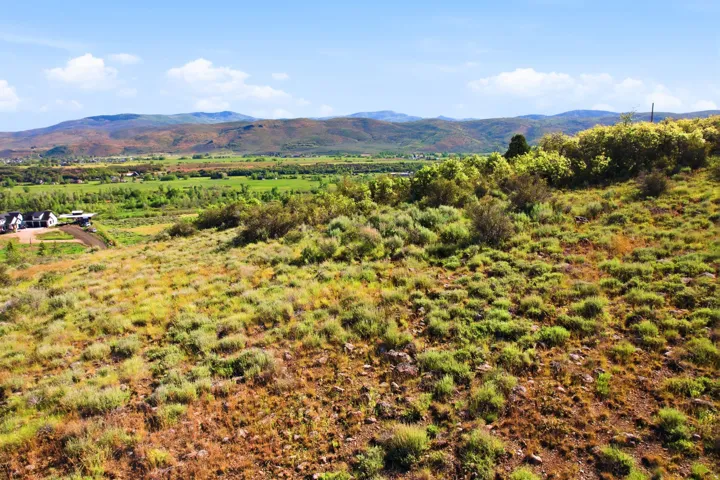 Expansive sloped terrain featuring natural vegetation and distant green fields