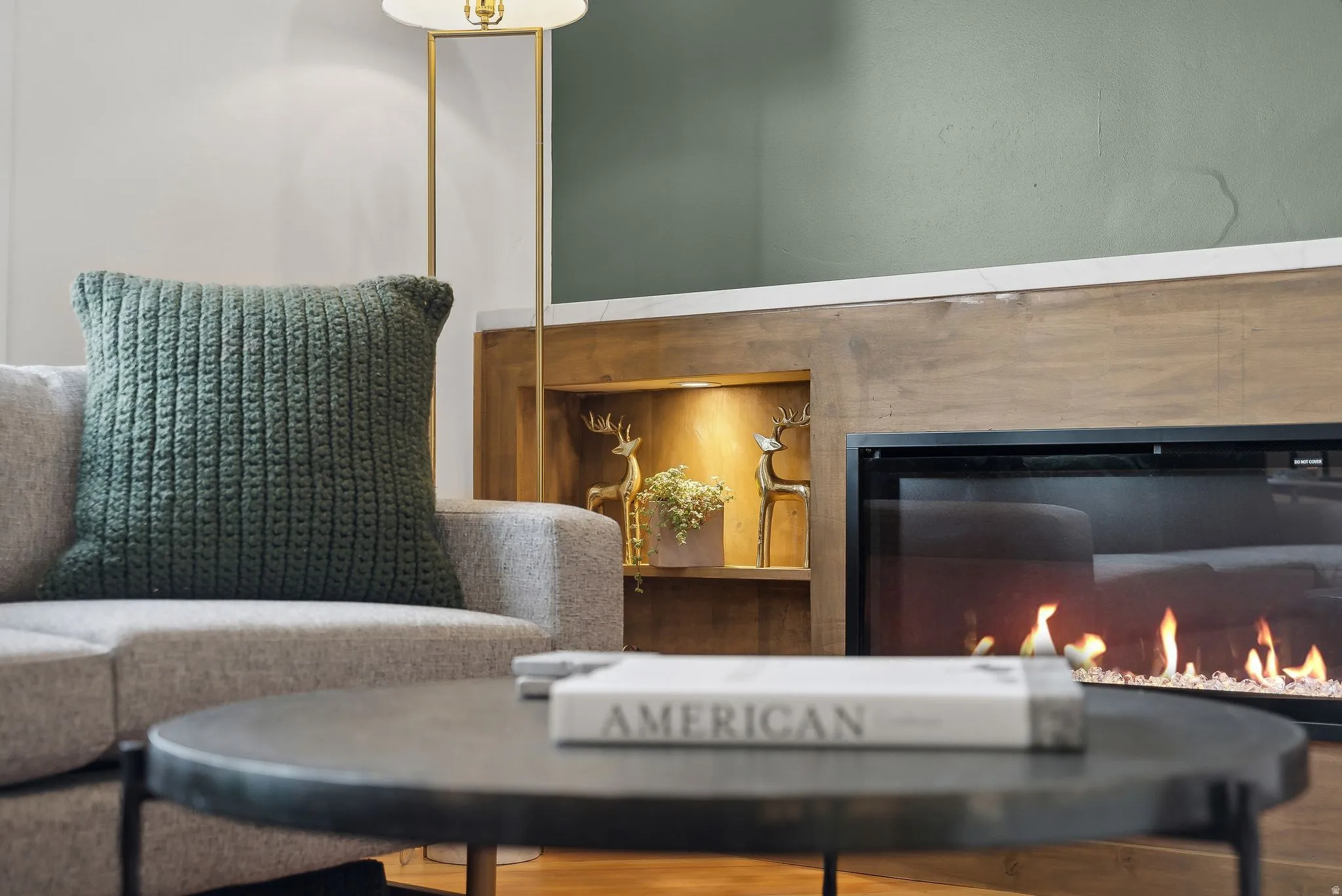 Built-in fireplace featuring a contemporary glass front, a wood-finish mantel, and an integrated illuminated niche