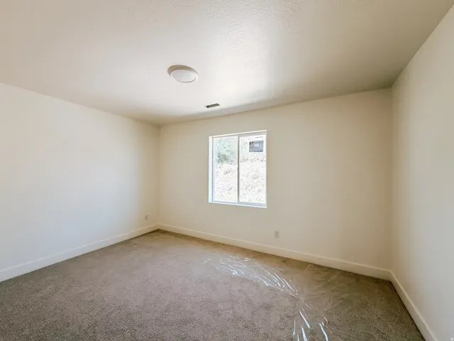 Recessed window with natural light, neutral wall colors, textured carpet flooring, and a flush mount ceiling light fixture