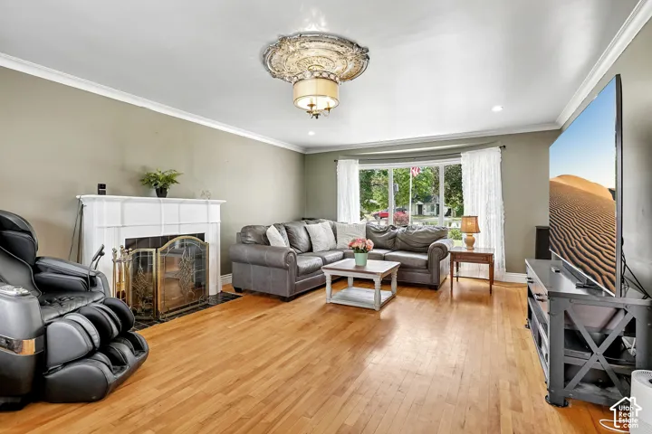 Living area featuring wood-finish flooring, a white fireplace with a decorative screen, crown molding, a decorative ceiling fixture, and a bay window
