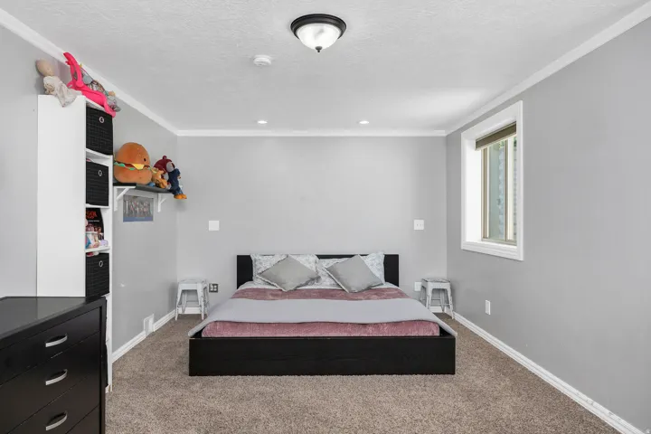 Carpeted room featuring a single window, crown molding, and a flush mount ceiling light