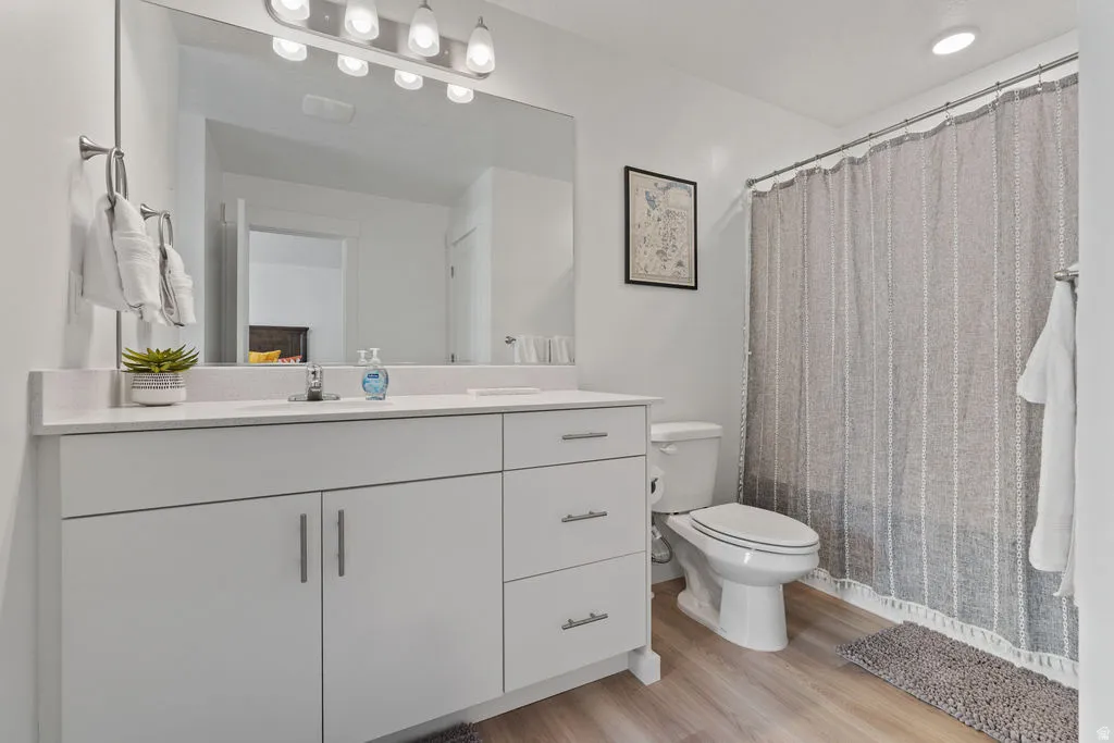 Bathroom featuring a single vanity with stone countertop, wood-finish flooring, recessed lighting, and a chrome-finish shower rod