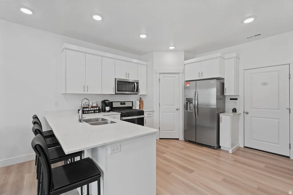 Contemporary kitchen featuring a large island with an undermount sink, white cabinetry, stainless steel appliances, and wood-finish flooring