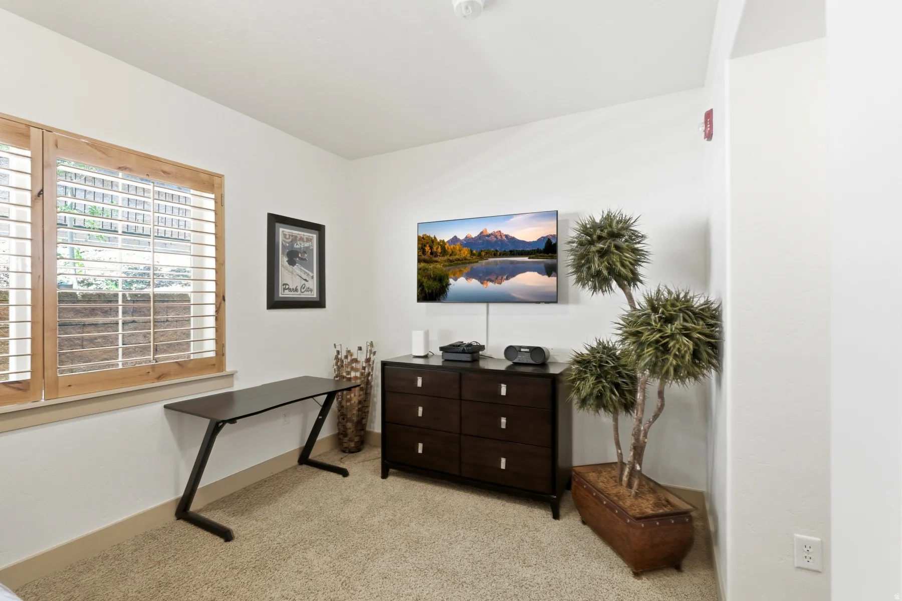 Neutral-toned carpeting complements light wall finishes
