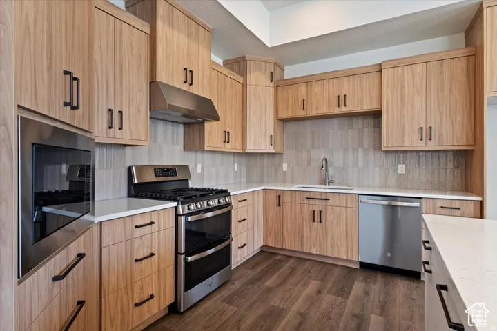 Modern kitchen featuring wood-finish cabinetry, stainless steel appliances, a gas range with an overhead vent, a built-in microwave, and light-toned countertops