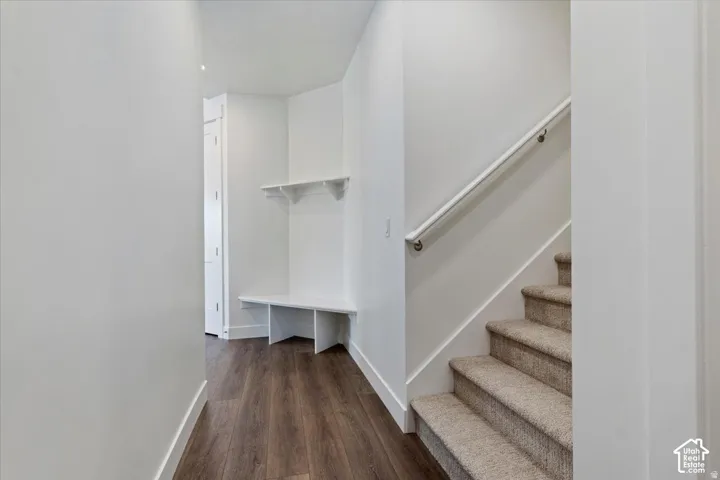 Entryway featuring a built-in bench with shelving, wood-finish flooring, and a carpeted staircase with a handrail