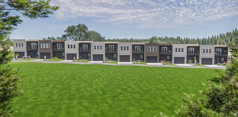 Contemporary townhomes featuring a multi-tone facade, individual garage access, private balconies, and landscaped entryways