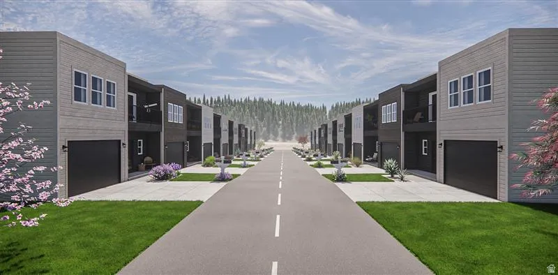 Modern townhome community featuring two-story residences with attached garages, light gray and dark gray facades, and contemporary landscaping