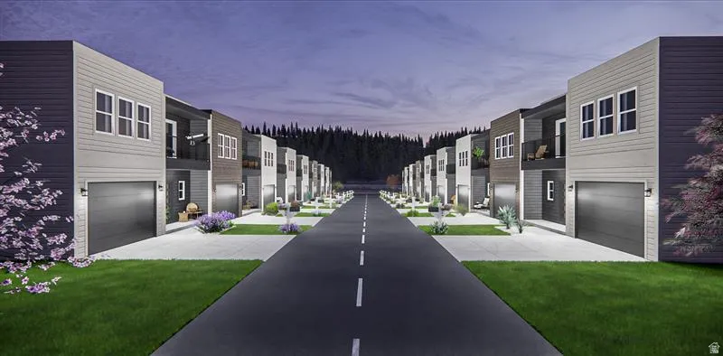 Contemporary townhome development featuring a row of multi-story residences