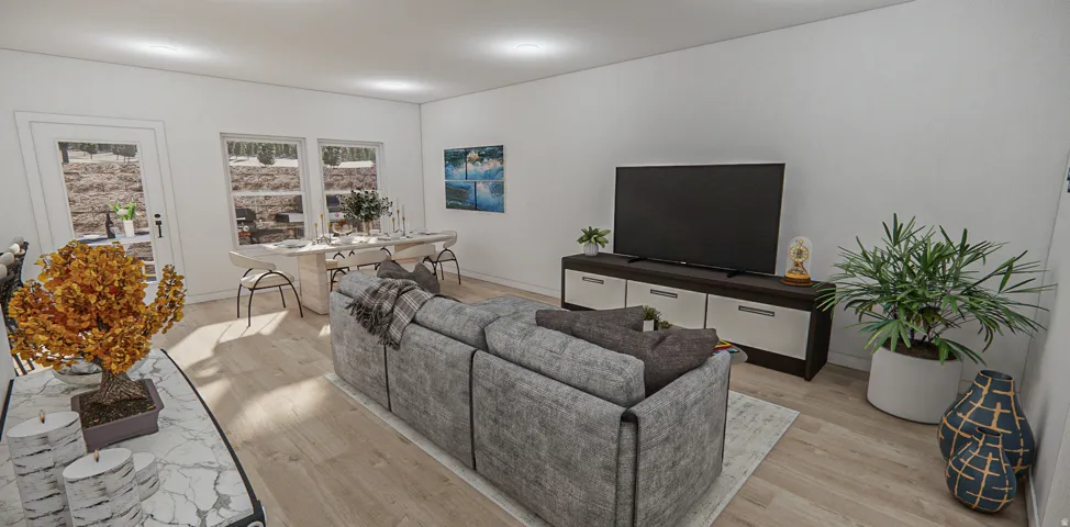 Open-concept living space featuring wood-finish flooring, recessed lighting, and white walls