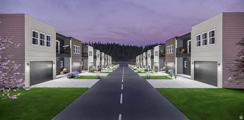 Contemporary townhome development featuring a paved private street