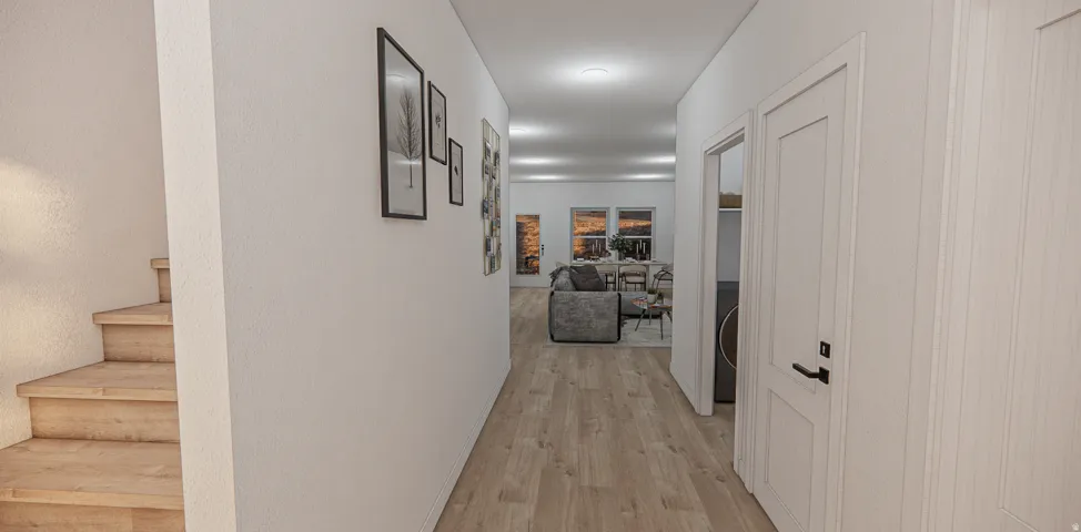 Hallway with wood-finish flooring, recessed lighting, and a white paneled door with matte black hardware