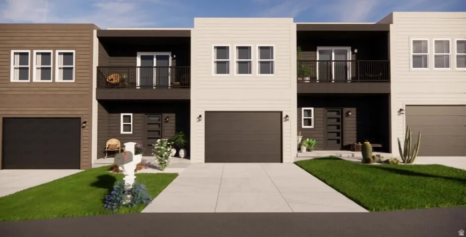 Modern townhome exteriors featuring horizontal siding in varied earth tones