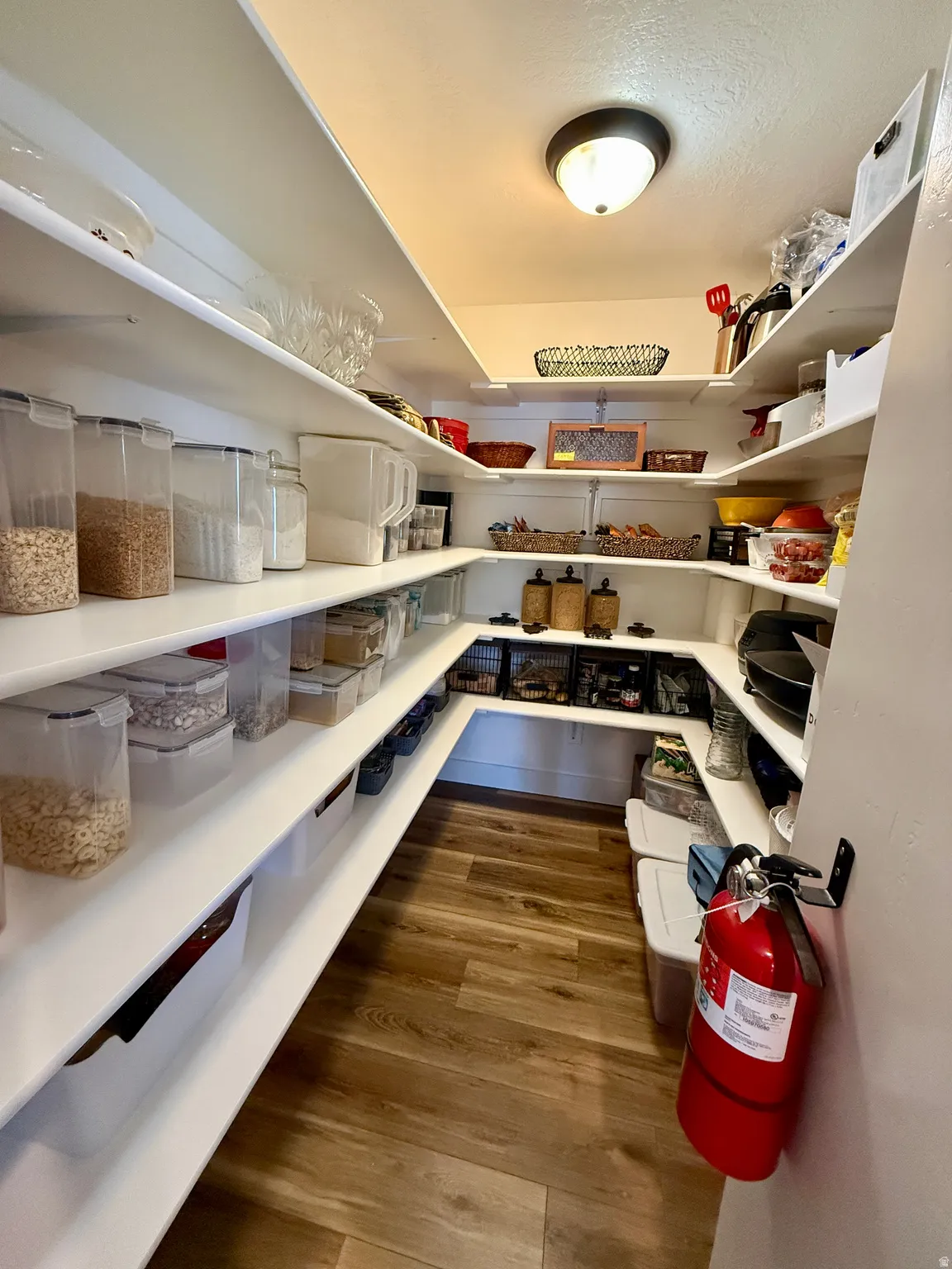 Spacious pantry featuring extensive wrap-around shelving, recessed base storage, wood-finish flooring, and a flush-mount ceiling light fixture