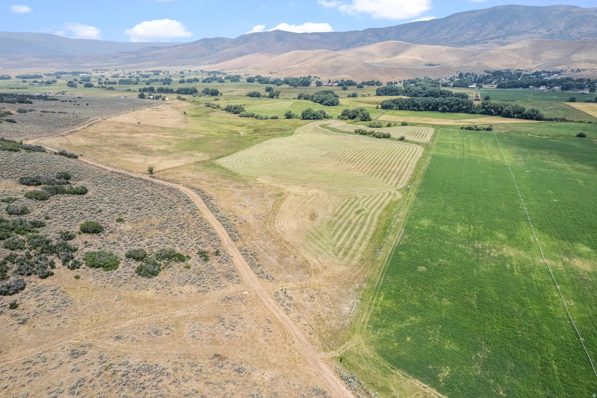 Expansive agricultural land featuring diverse terrain including cultivated fields and natural shrubland